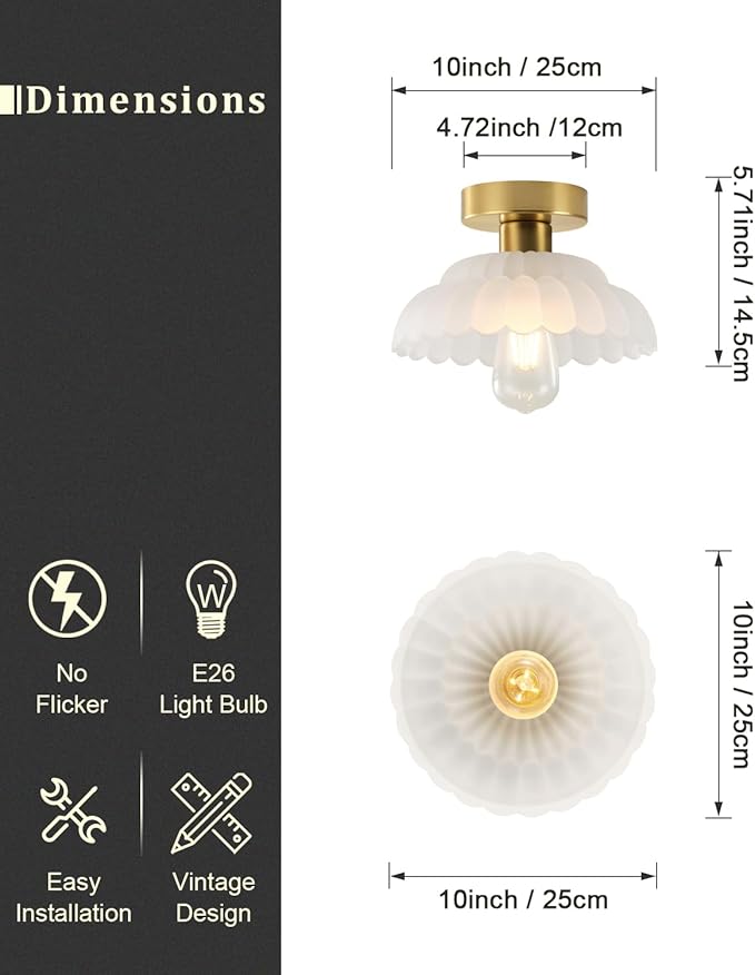 ANYLOVE 10 Inch Frosted Glass Vintage Glass Semi Flush Mount Ceiling Light, E26 Socket for Bedroom Kitchen Hallway Foyer