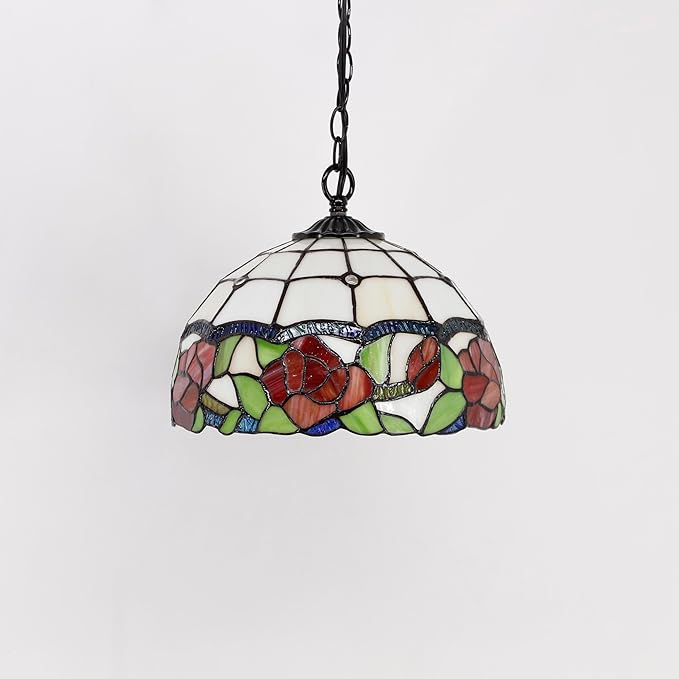 Tiffany Pendant Light Plug in Stained Glass Hanging Lamp Wide 12 Inch, Chain 33 Inch, Cord 15 Feet -Rose Flower Style
