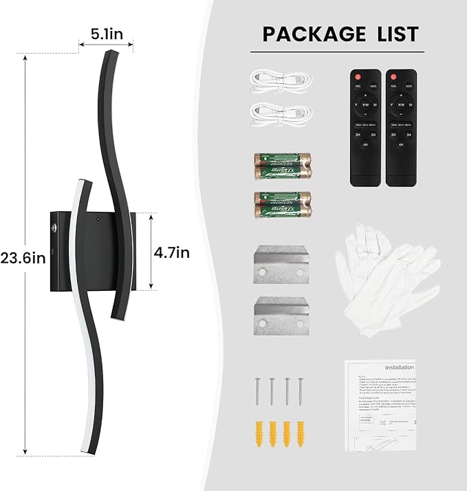 WOSHITU Black Battery Operated Wall Sconces: 23.6 Inch Rechargeable Sconce Wall Lighting Set of Two with Remote & 3CCT Dimmable, Modern Cordless Wall Light for Bedroom Living Room Hallway Bathroom