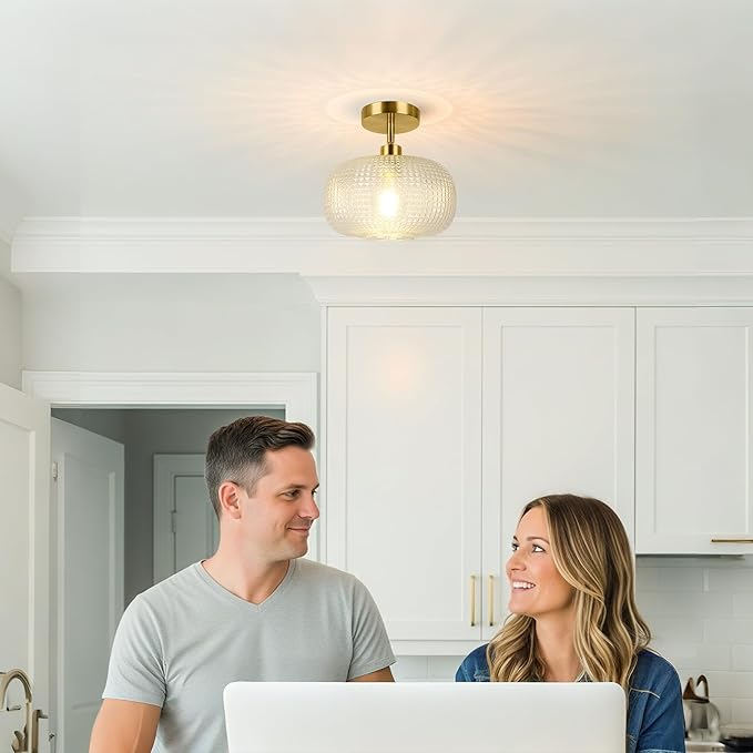 ROTTOGOON Semi Flush Mount Ceiling Light, Adjustable Hanging Gold Sloped Ceiling Lights with Clear Glass Shade Modern Hallway Light Fixtures for Kitchen Bathroom Entryway Bedroom (Bulb Not Included)