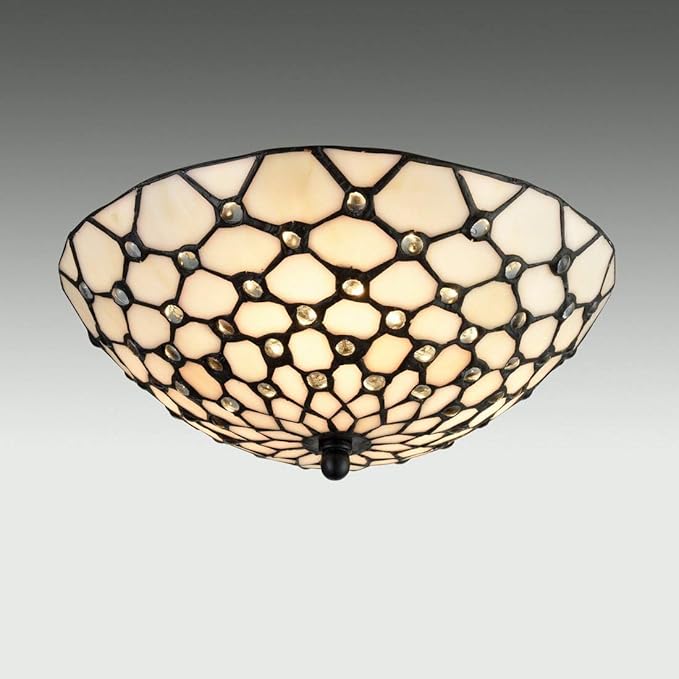 DIRYZON EUL Tiffany Style Semi Flush Mount Ceiling Fixture Antique Brass & Art Colorful Glass Shade-3 Lights