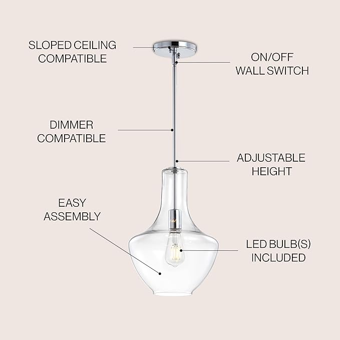 JONATHAN Y 10.5" Chrome Mid-Century Modern 1-Light LED Pendant Light Fixture, Adjustable Schoolhouse Hanging Lamp for Kitchen Island, Clear Glass Shade, LED Bulb Included JYL6400A