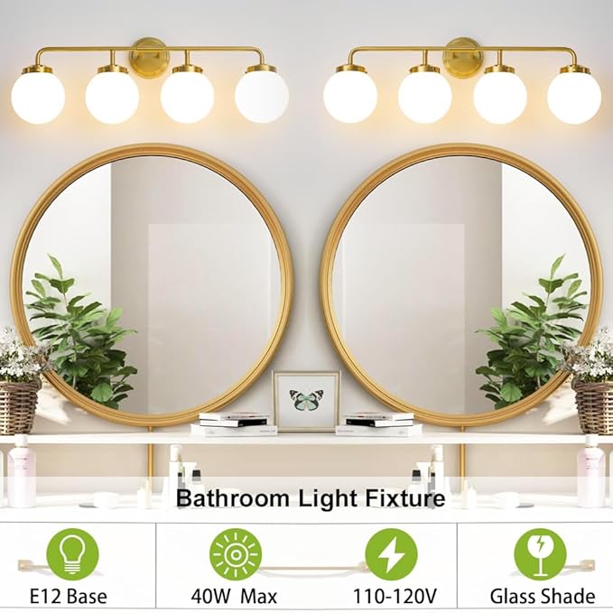 Bathroom Light Fixtures Gold Vanity Lights Over Mirror, Modern Wall Sconce Lighting 4-Light with White Glass Globe Shade