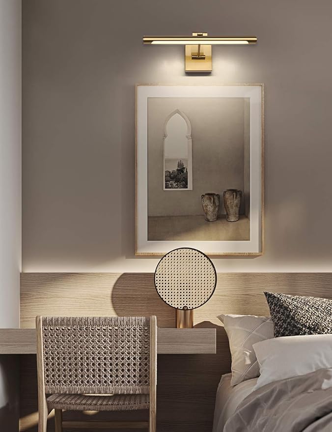 LED Picture Light Fixtures 16.54 Inches, Modern Metal Artwork Wall Lamps with Single Swing Arm, 7W (50W Eqv.), Hardwired Connection, Non-Dimmable, 3000K Warm White, CRI80+, Golden-Like Brass Finish