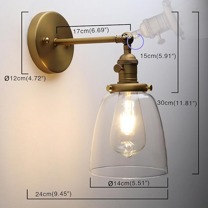 Pathson Vintage Wall Sconce Lighting with On Off Switch, Clear Glass Shade Brass Vanity Light, Industrial Wall Fixtures for Living Room Bathroom Bedroom Garage Porch