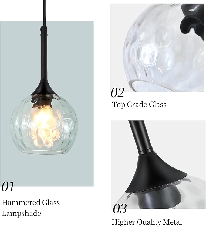 JHLBYL Glass Pendant Lights Kitchen Island: 5.91'' 1-Light Hammered Glass Pendant Light with Black Finish - Modern Minimalist Hanging Light Fixture for Kitchen Sink Dining Room - E26 Base