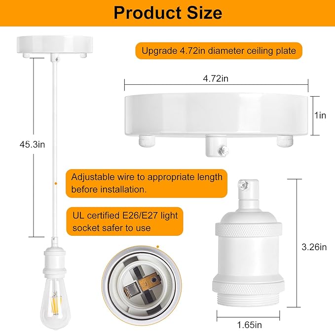 Upgraded White Pendant Light kit, UL E26/E27 Lamp Socket with Aluminium Enclosure Pendant Light Cord, Industrial Hanging Light Cord Kit with Adjustable Length, Mini Edison Retro Lamp Socket