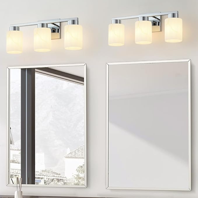 3-Light Bathroom Light Fixtures, Modern Vanity Lights, Chrome Metal Wall Lamp with White Marble Glass for Bathroom, Mirror, Living Room, Bedroom, Cabinet, Porch, Hallway, E26 Base