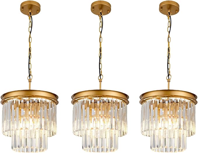 3-Pack Crystal Pendant Lights 11.8" Modern Crystal Chandelier 3-Light 2-Tier Luxury Gold Round Hanging Lighting Fixture for Dinning Room Bedroom Living Room Foyer Kitchen Island