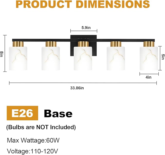 5-Light Bathroom Light Fixtures, Modern Vanity Lights, Black and Gold Metal Wall Lamp with White Marble Glass for Bathroom, Mirror, Living Room, Bedroom, Cabinet, Porch, Hallway, E26 Base