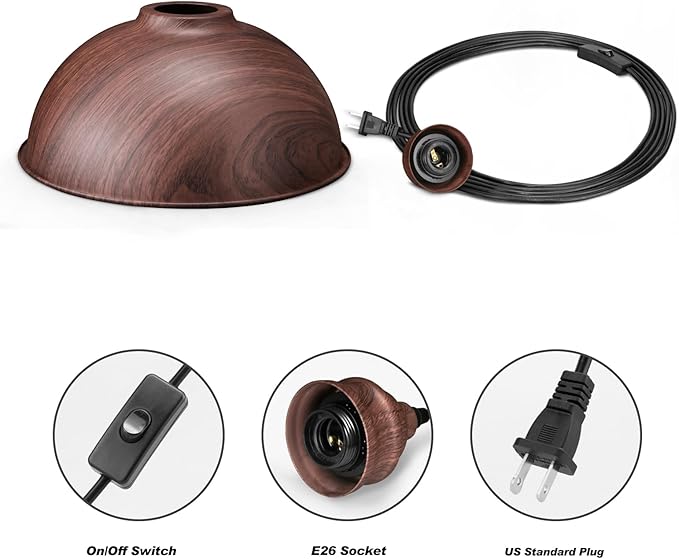 Plug in Pendant Light, 15FT Hanging Lights, On/Off Switch, Industrial Pendant Light with Plug in Cord, Metal Hanging Lamps for Living Room, Kitchen, Dining Room Brown