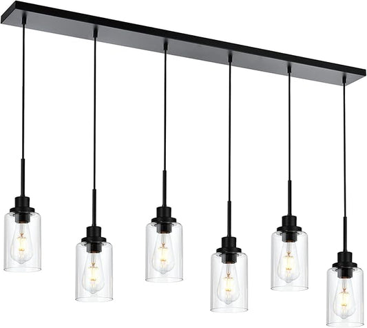 6-Lights Pendant Light Fixtures Ceiling, Modern Black Adjustable Hanging Lamp with Clear Glass Shades, Dining Room Kitchen Island Lighting E26 Bulb Base