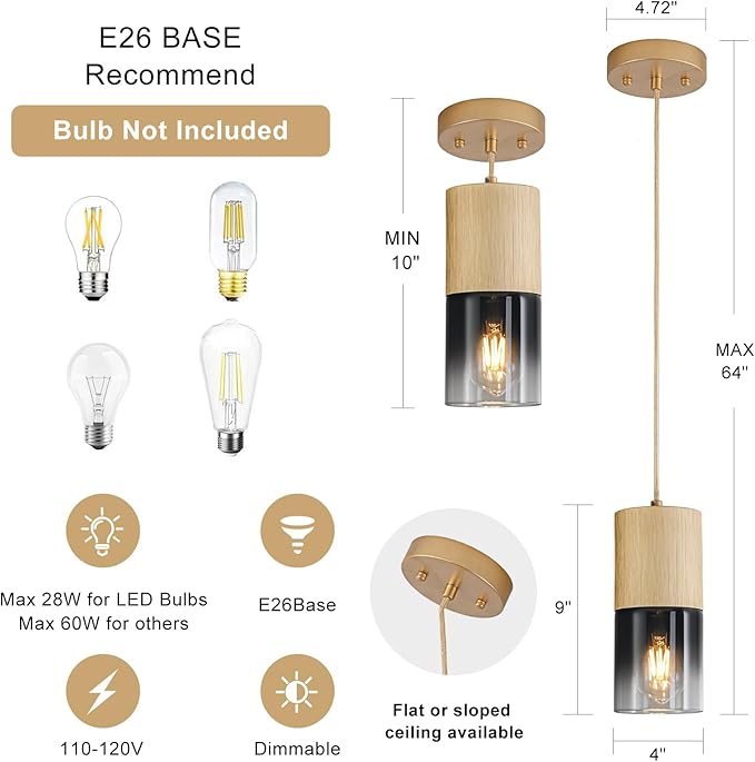 3-Pack Gold Pendant Light Fixtures, Adjustable Modern Black Pendant Lights for Kitchen Island, Industrial Glass Pendant Lights for Dining Table Hallway Bedroom Living Room