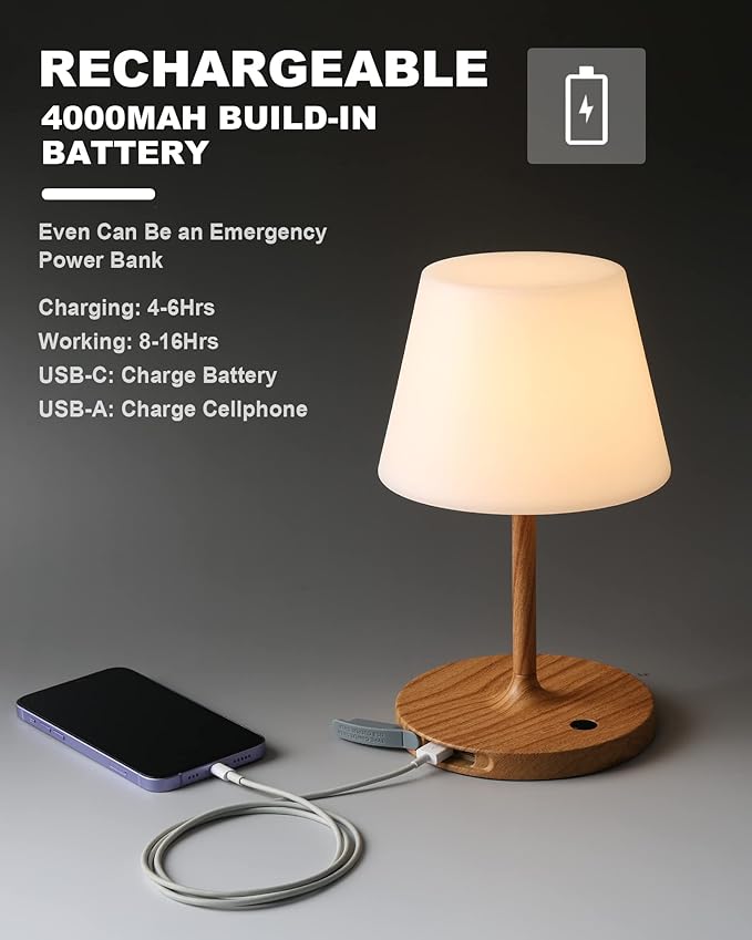 WEILAILUX Outdoor Battery Operated Table Lamp Waterproof, 4000mAh Cordless Table Lamp Rechargeable, Touch Dimmable Desk Lamp, LED Night Light for Patio Camping Restaurant Home (Wood Grain, 9.6in)