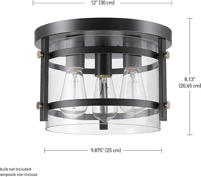 Globe Electric 60417 3-Light Flush Mount Ceiling Fixture, Dark Bronze Finish, Brass Detail, Clear Glass Shade, Modern Lighting for Kitchen, Bedroom, or Dining Room, Rustic, E26 Base