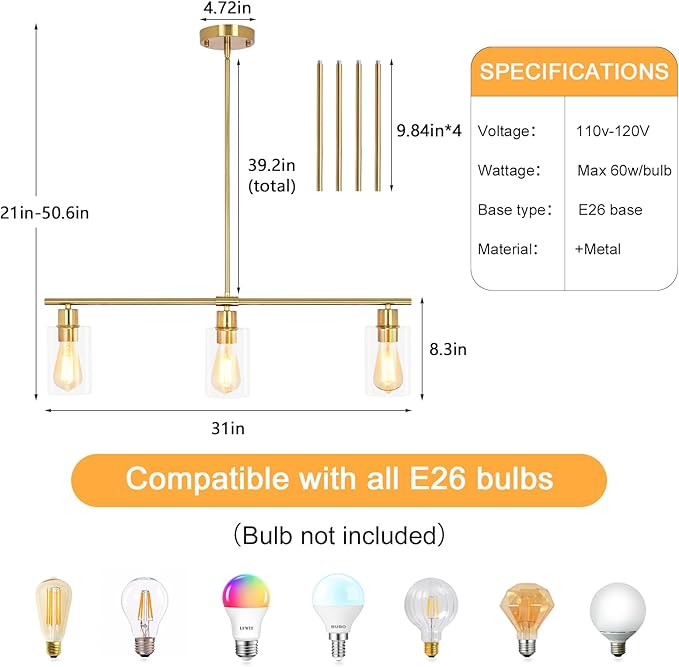 3-Light Kitchen Island Lighting, Farmhouse Dining Room Light Fixtures Over Table, Modern Gold Island Lights Over Island, 31" Linear Chandelier Hanging Ceiling Pendant Light Fixtures for Kitchen