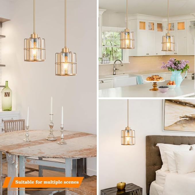 Farmhouse Brass Pendant Light Fixtures with Amber Glass, Gold Kitchen Island Set of 2 with Adjustable Rod, Modern Cage Bathroom Pendant Lights Hanging Light for Sink Dining Room Hallway