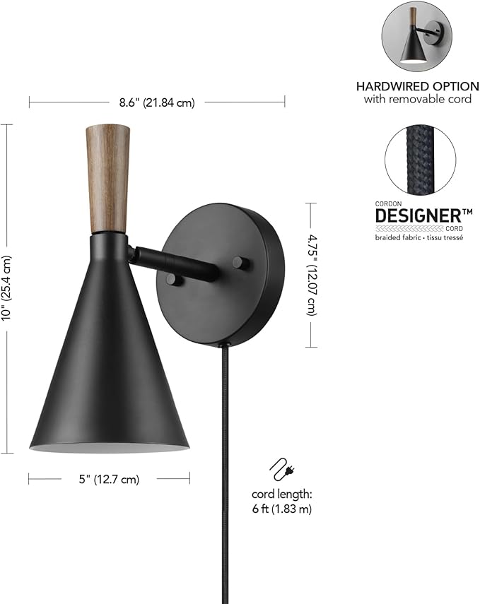 Globe Electric Plug-in or Hardwire Wall Sconce, Matte Black, Wood-Tone Switch, Metal Shade, 6-Foot Cord, 65000101