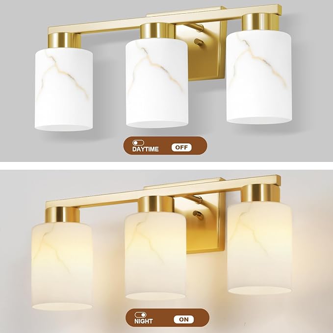 3-Light Bathroom Light Fixtures, Modern Vanity Lights, Gold Metal Wall Lamp with White Marble Glass for Bathroom, Mirror, Living Room, Bedroom, Cabinet, Porch, Hallway, E26 Base