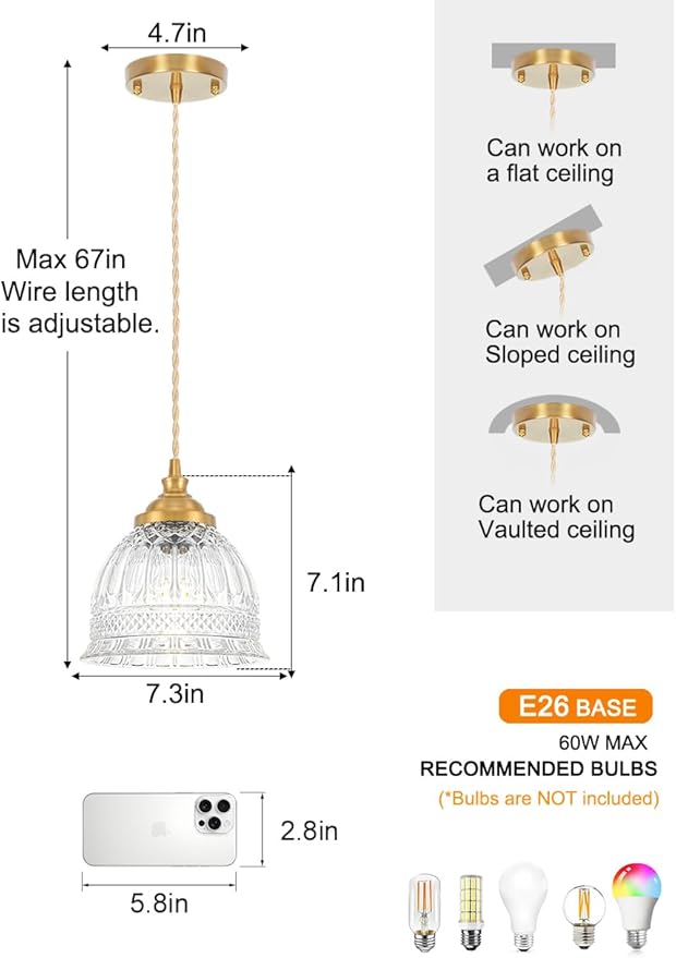 Vintage Pendant Light with Clear Glass, Antique Brushed Gold Pendant Lights Kitchen Island, 7.3''Brass Hanging Light Pendants for Bathroom Bedroom Hallway,Height Adjustable,Adapt To Different Ceiling