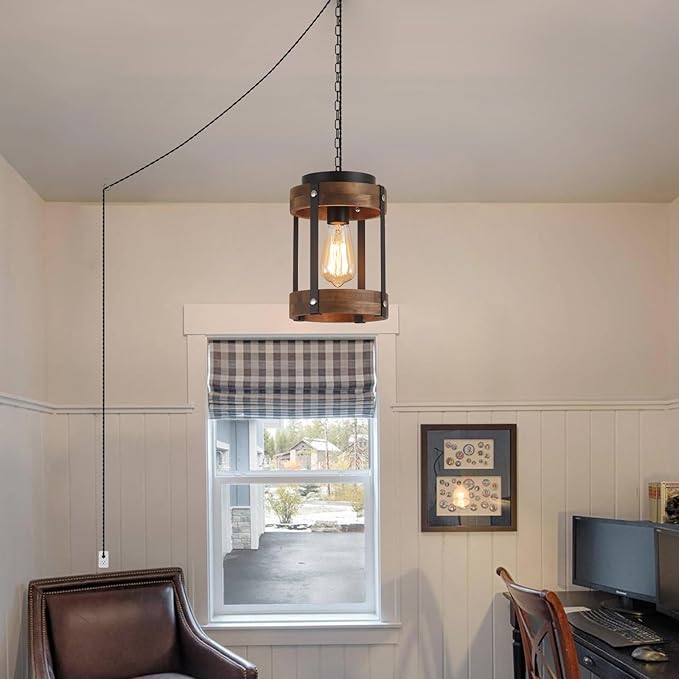 Rustic Farmhouse Plug in Pendant Light Fixture with Adjustable Chain, Dimmable Switch, Oak Wood and Metal Drum Cage Mini Hanging Lamp for Kitchen Island Living Room Hallway Farmhouse Bar, Black