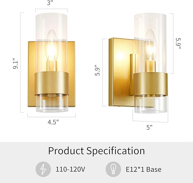 WUZUPS Set of 2 1-Light Bathroom Wall Light Fixture Over Mirror Flat Class Shade Morden Vanity Scones for Bathroom Bedroom Living Room, E12 Base, Gold