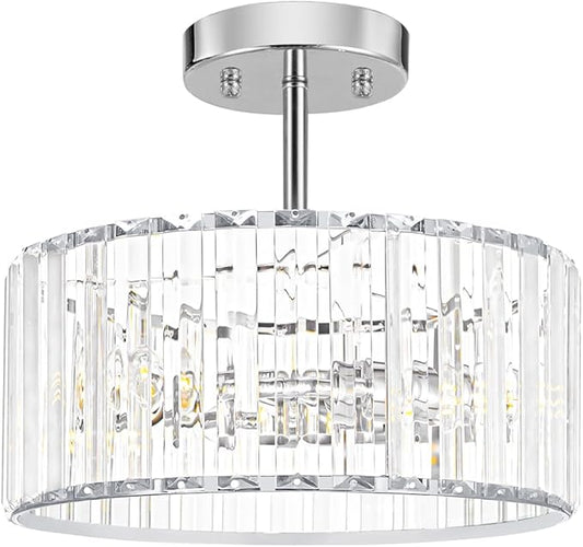 Modern Crystal Ceiling Light, Chrome Semi Flush Mount Ceiling Lighting Fixture, Hallway Light Fixtures Chandelier for Kitchen, Bedroom Dining Room Hallway Closet, 3-Light, 12 Inch