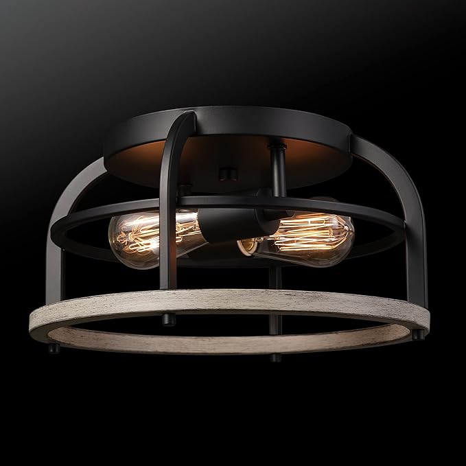 GLOBE Electric 65888 Shilah 2-Light Flush Mount Ceiling Light, Matte Black, Faux Wood Accents