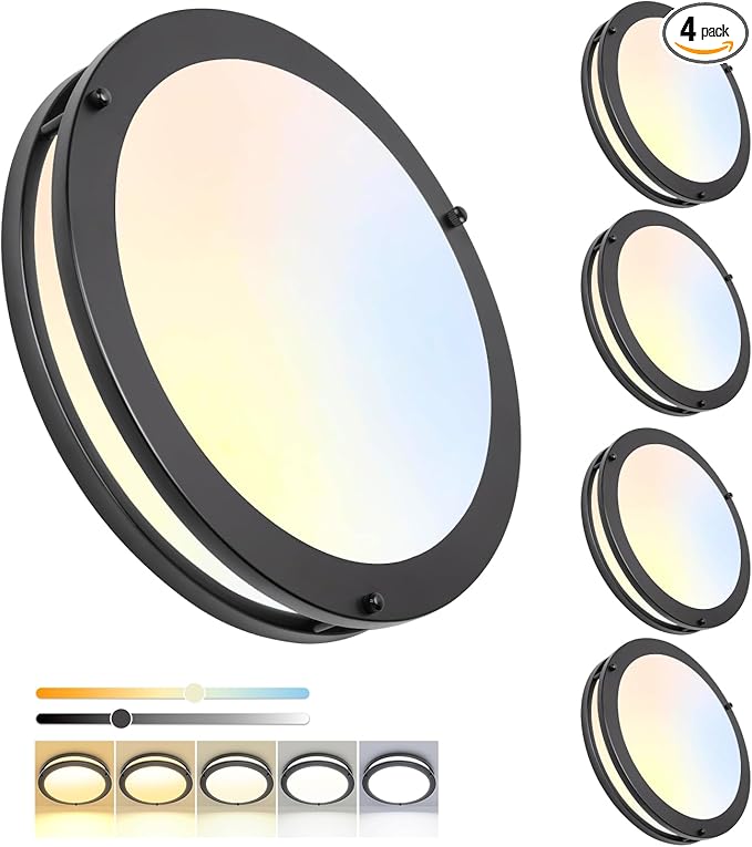 OOWOLF 4-Pack 13inch Flush Mount LED Ceiling Light Fixture, 5CCT 36W 3600LM, 3000K 3500K 4000K 5000K 6000K 5 Color Selectable Dimmable Ceiling Lamp, Black Ceiling Light for Kitchen Bedroom Bathroom