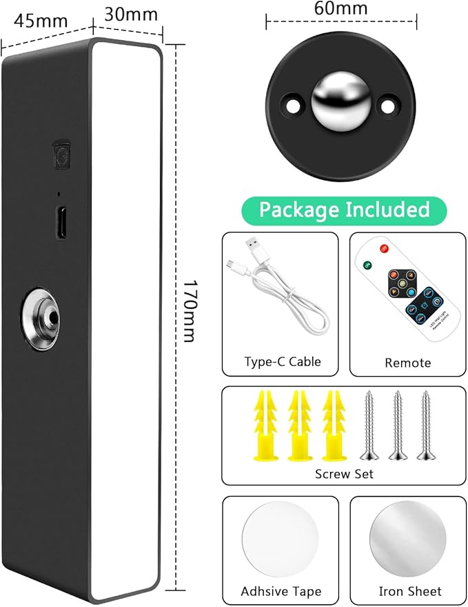 Magnetic Battery-Operated Wall Sconce Lights: USB Rechargeable Wall Mounted Lights with Remote, 3CCT LED Dimmable Wall Sconce, 360° Rotation Cordless Wall Lamp for Bedroom Living Room, Black 1Pack