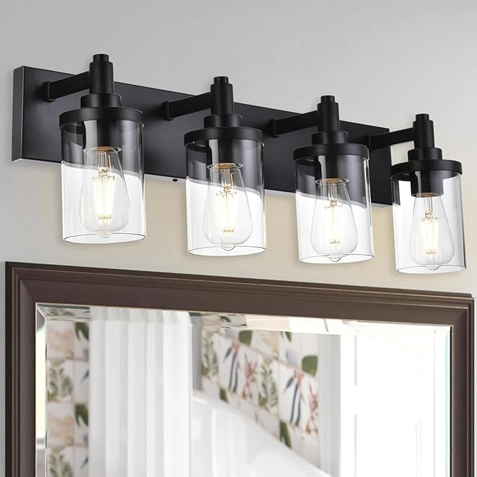 Modern Vanity Lighting, 4 Lights Bathroom Light Fixtures Over Mirror with Clear Class Shade Industrial Matte Black Wall Sconce for Powder Room Living Room, Bedroom Hallway Farmhouse