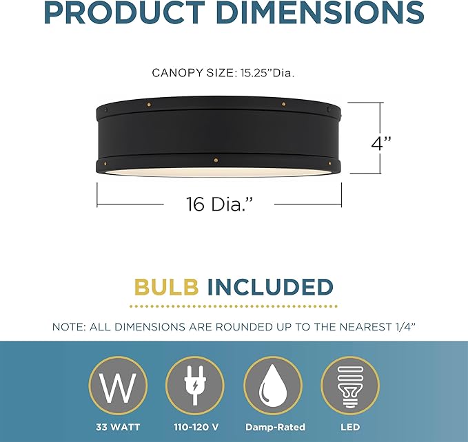 Ouoizel Ahoy Round Flush Mount Ceiling Light, 16 Inch Matte Black Drum Light with Metal Shade, 33 W LED, 2605 Lumens, Close to Ceiling Light Fixtures for Home, Kitchen or Office Lighting