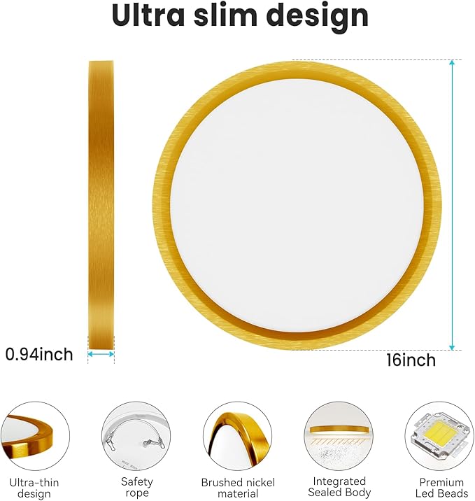 libtit 16Inch Flush Mount LED Ceiling Light Fixture, 3000K 4000K 6500K Adjustable, 36W 3600lm Gold Satin Round Ceiling Lamp for Bathroom Shower Hallway Kitchen, 2 Pack