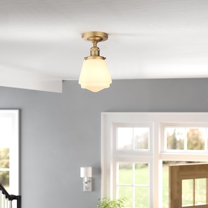 Industrial Semi Flush Mount Ceiling Light with Milk White Glass Pendant Lamp Shade, Vintage Close to Ceiling Light Fixture for Porch, Hallway, Entryway, Kitchen, Bedroom, Hotel