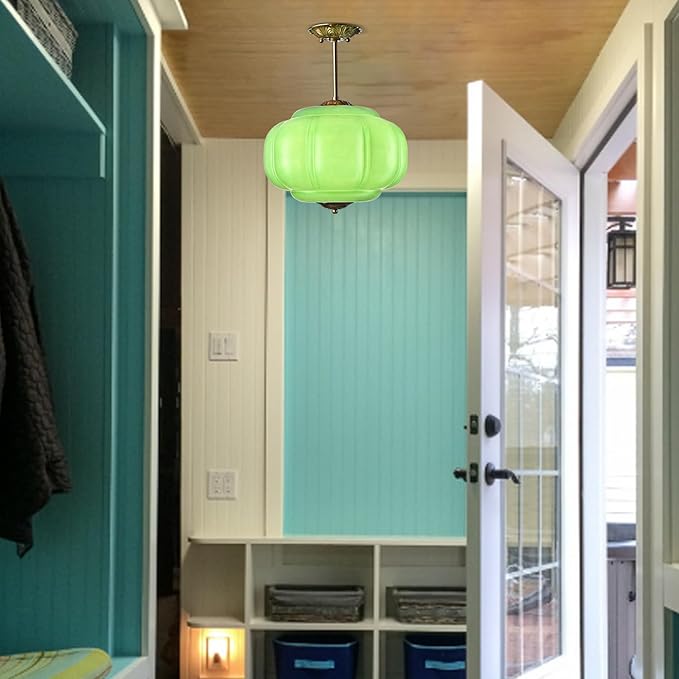 Vintage Milk Glass Ceiling Light Fixture, Antique Green Semi Flush Mount Milk Glass Pendant Light, 15" Farmhouse Mid Century Ceiling Light for Kitchen Hallway Schoolhouse Dining Room Bedroom