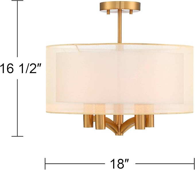 Possini Euro Design Caliari Modern Close to Ceiling Light Semi Flush Mount Fixture 18" Wide 5-Light Warm Brass Gold Double Drum Shades for Bedroom Hallway Living Room Dining Room Bathroom Kitchen