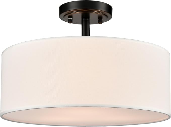 3-Light Black Semi Flush Mount Ceiling Light, 15-Inch Drum Light Fixtures Modern Farmhouse Matte Black Close to Ceiling Lamp for Bedroom Living Room Hallway Kitchen