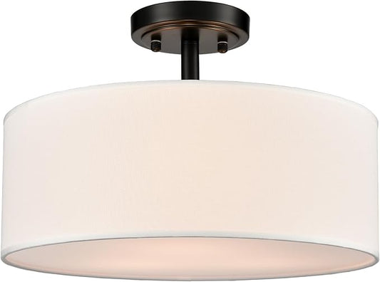 3-Light Black Semi Flush Mount Ceiling Light, 15-Inch Drum Light Fixtures Modern Farmhouse Matte Black Close to Ceiling Lamp for Bedroom Living Room Hallway Kitchen