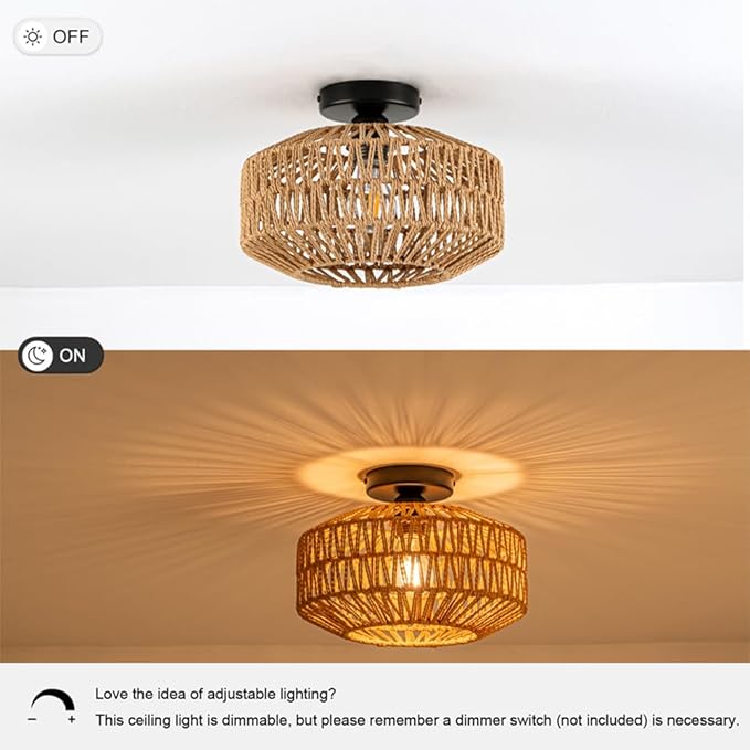 Rattan Boho Ceiling Light Fixture,Bohemian Woven Flush Mount Ceiling Light, Boho Chandelier Light Fixture Flush Mount for Hallway, Bedroom, Kitchen, Living Room, Entryway E26 1 Light