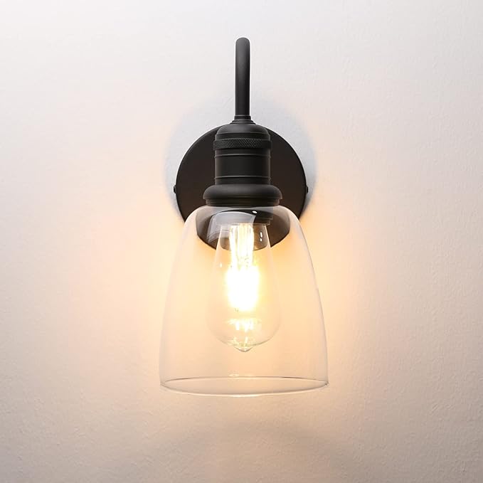 1-Light Vintage Gooseneck Wall Sconce Lamp with Cloche Clear Glass Shade, Industrial Indoor Wall Light Fixture for Bathroom Living Room Bedroom Over Kitchen Sink
