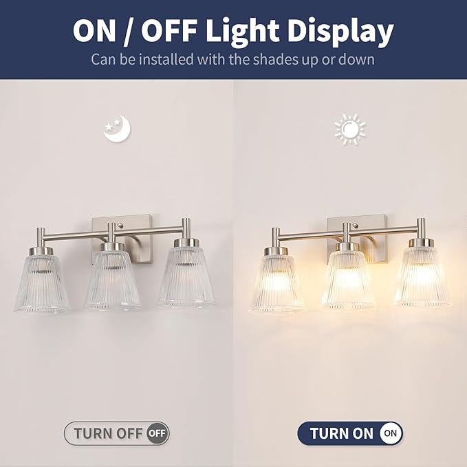 OCIOC Nickel Bathroom Vanity Light 3-Light Bathroom Light Fixtures Over Mirror Vanity Lighting Fixtures with Striped Glass Shade,17inch Modern Vanity Lights for Bathroom Wall Sconce Lights for Bedroom