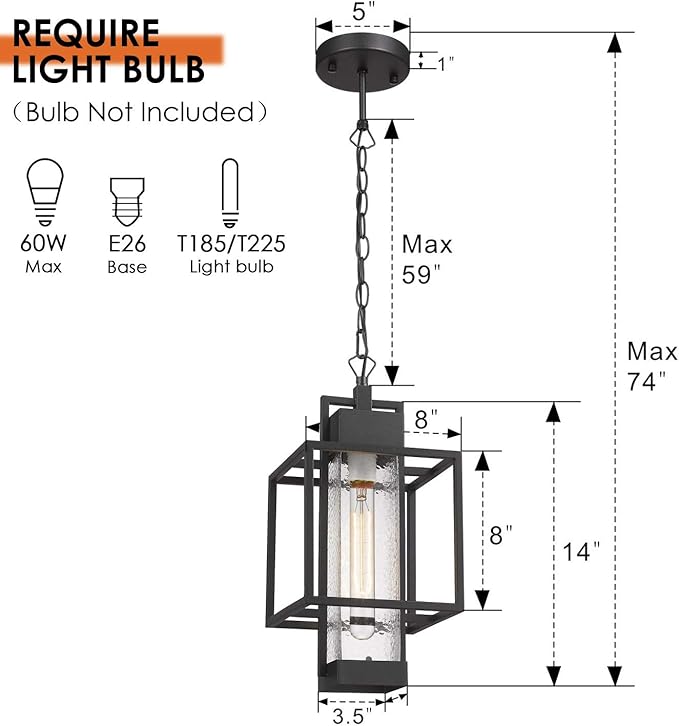 Outdoor Pendant Light, 16" 1-Light Large Hanging Porch Light Fixtures, Modern Black Outside Chandelier Lantern Lighting with Bubble Glass for Porch Gazebo Entryway, 2375/1HL