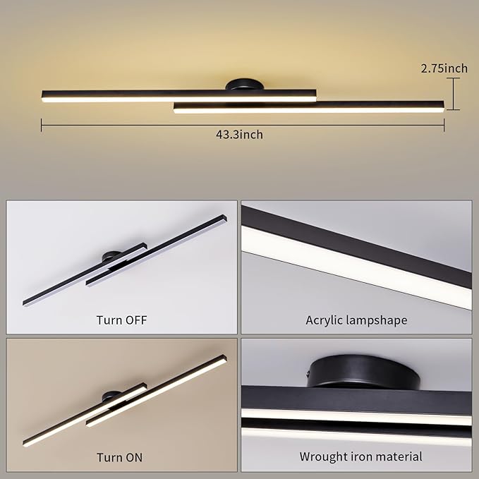 JAYMP 43.3" Modern Ceiling Light with Remote, Black Sputnik Ceiling Lamp, 32W Dimmable LED Lighting Fixture for Dining Room Living Room Kitchen Island Hallway, 2 Lights