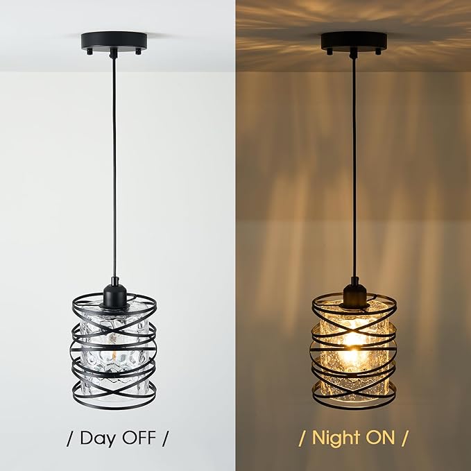 Black Mini Pendant Light Fixture 1-Pack Modern Kitchen Island Pendant Lighting 6.3 Inch Spiral Cage Handblown Hammered Seeded Glass Shade for Dining Room Bedroom Foyer Hallway Bar, E26