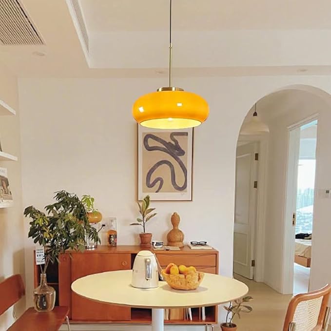 Orange Pendant Light - Glass Hanging Lamp Gold Brass 1-Light Kitchen Island Pendant Lights Fixture Mid Century Modern Ceiling Hanging Lighting with 11 ″ Dome Shade for Dining Room