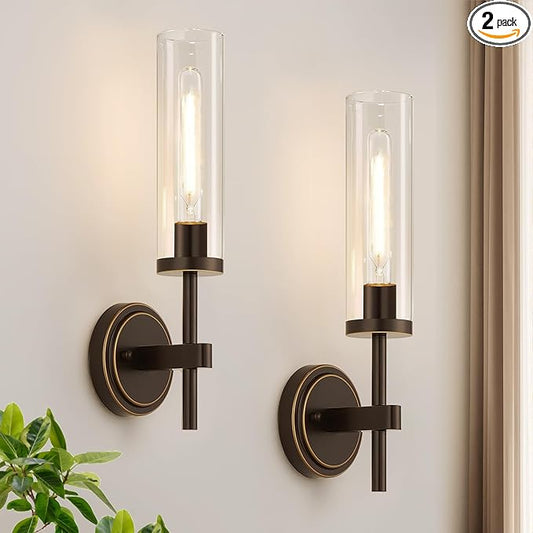 MOKATNG Wall Sconces Set of Two, Oil-Rubbed Bronze Bathroom Sconces with Clear Glass, Hardwired Sconces Wall Decor Set of 2, Modern Wall Light Fixtures for Bathroom Mirror Living Room Bedroom Hallway