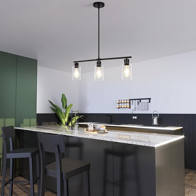 Kitchen Island Lighting, 3-Light Black Island Lights for Dining Room Light Fixture Over Table, Modern Linear Chandelier with Clear Glass Shade, 31" Farmhouse Hanging Pendant Light Fixtures for Kitchen