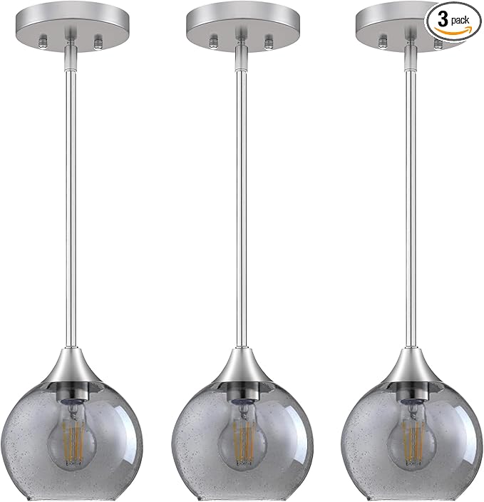 Pendant Lights Kitchen Island 3 Pack,Brushed Nickel Pendant Light Fixtures with Adjustable Rods,Seeded Glass Kitchen Pendant Lighting Over Island,Modern Island Lights for Kitchen Dining Room-E26 Base
