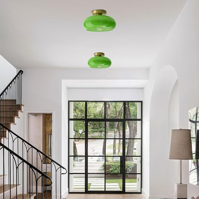 Green Ceiling Light - Mid Century Modern Flush Ceiling Light with Milk Glass Globe and Dark Green Lamp Shade in Brushed Brass for Dining Room