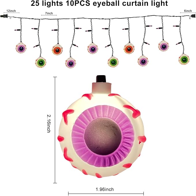 Halloween Eyeball Curtain String Lights Plug in, 7FT Outdoor Halloween Decorations Lights with 10 LED Spooky Eyeball Lights & 15 Mini Purple Bulbs for Window Wall Party Haunted House Patio Decor